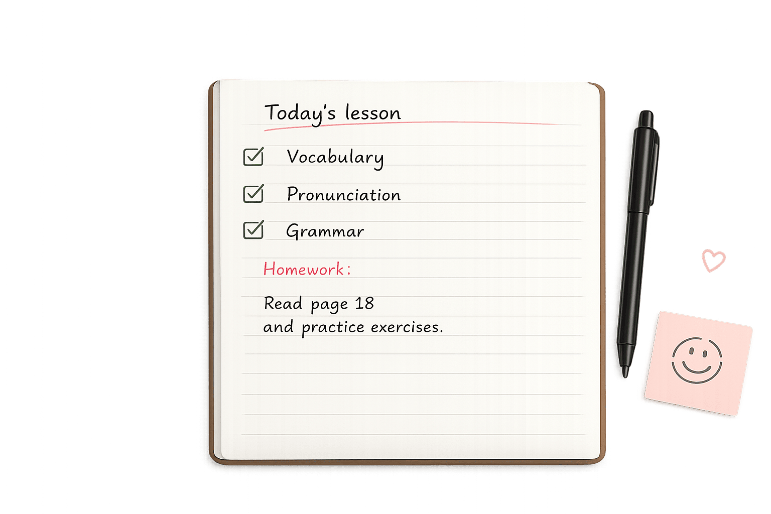 Cuaderno con la lista de la lección del día: vocabulario, pronunciación y gramática